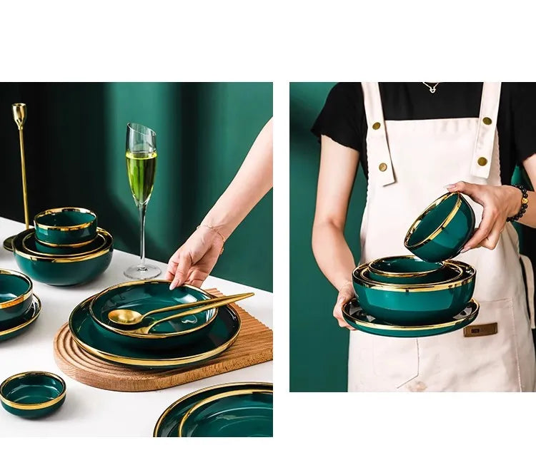 High-end Green Ceramic Plate Home Porcelain Dinner Plate Exquisite Ceramic Bowl Custom Large Size Fish Plate Kitchen Accessories.