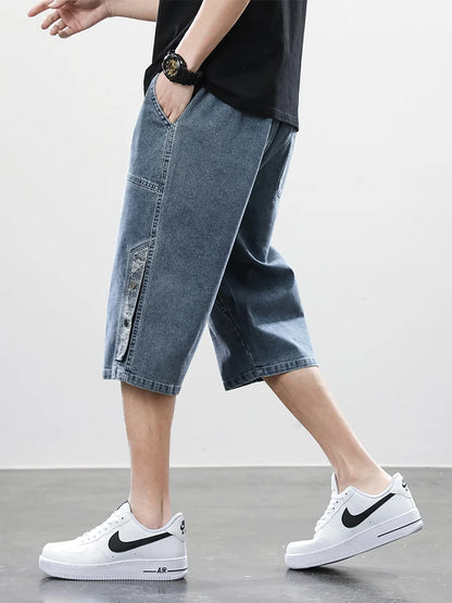 Summer Men's Jeans Denim Breeches Calf-Length Casual Shorts Washed Cotton Drawstring Straight Capris Pants Big Size 8XL.