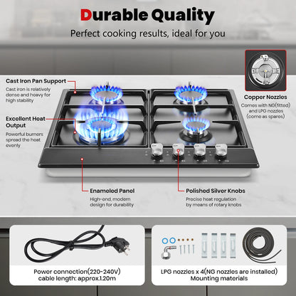 4 Burners Black Enamelled Plate 58 cm Automatic Flame Protection, Natural Gas and Propane Gas, Built-in Gas Hob.