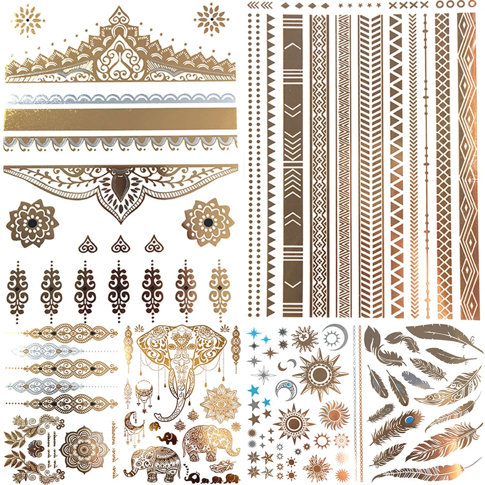 1PC Summer Style Men Women Body Art Gold Metallic Tattoo Sticker HYS-101 Chain Bracelet Fake Jewelry Waterproof Temporary Tattoo.