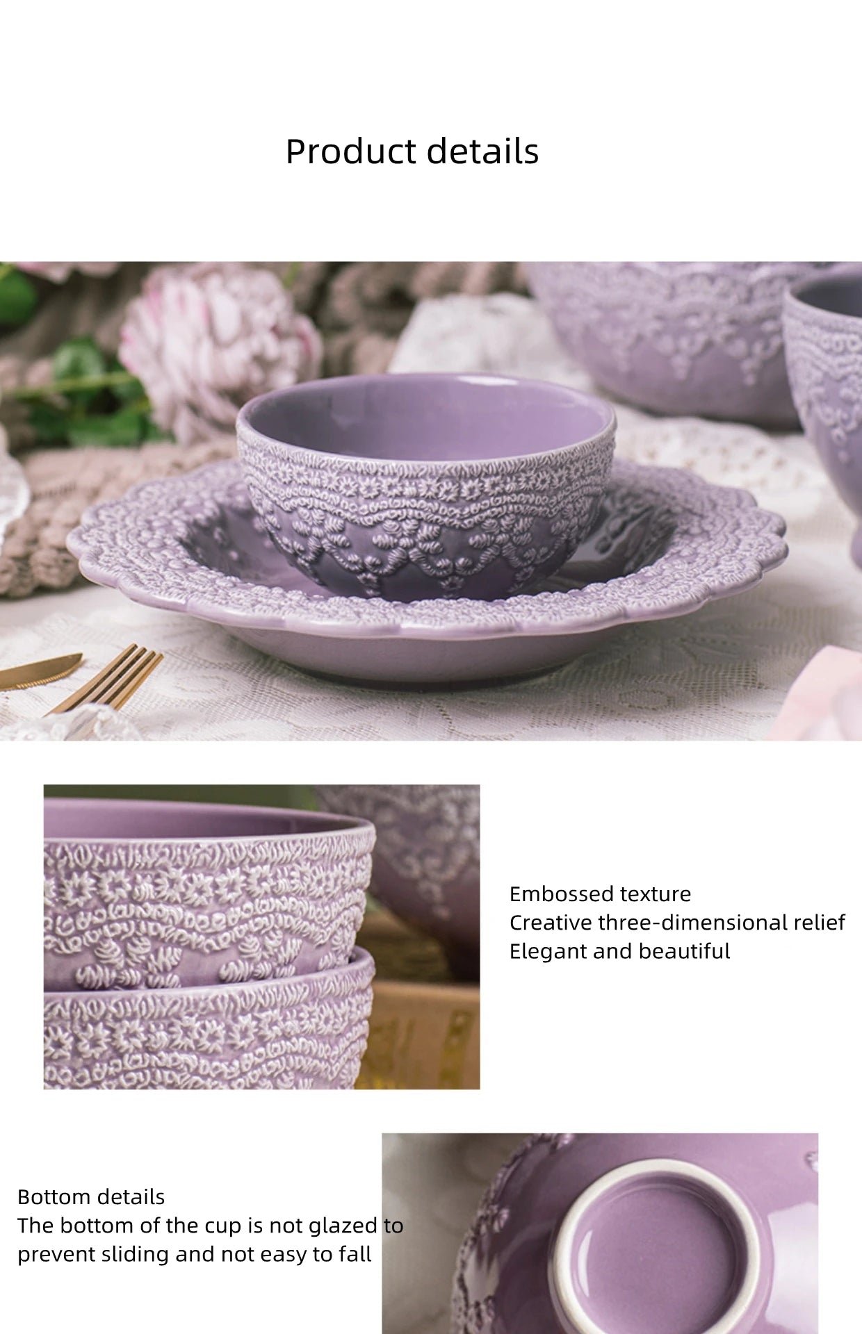 Solid Color Ceramic Tableware Lace Embossed Ceramic Tableware Bowl Plate Cup Rustic Irregular Dinner Plate  Dinner Plates.