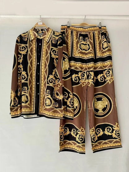 2025 Spring women's retro geometric print lapel loose long-sleeved shirt two-piece + elastic waist wide leg pant suit.
