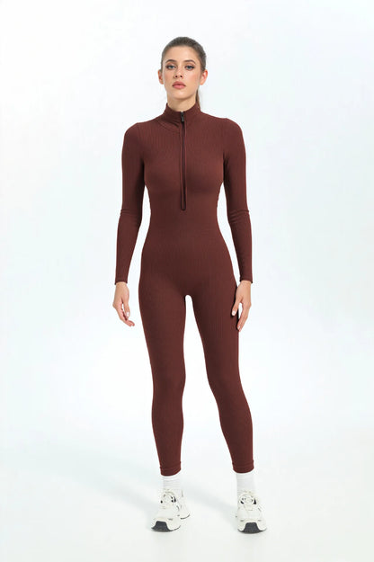 Seamless Ribbed Knit Bodysuit Women Zip Up Stand Collar Long Sleeve Thumbhole Yoga Romper Winter Thermal Workout Outfit.
