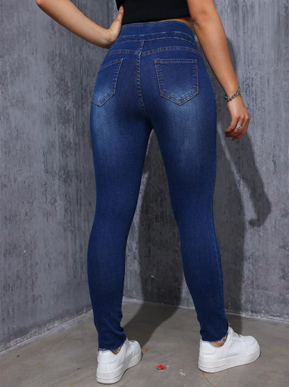 High Waist Elastic Denim Pants Slim Fit Women's Ankle Length Jeans Decorative Button Casual Fashionable Trousers.