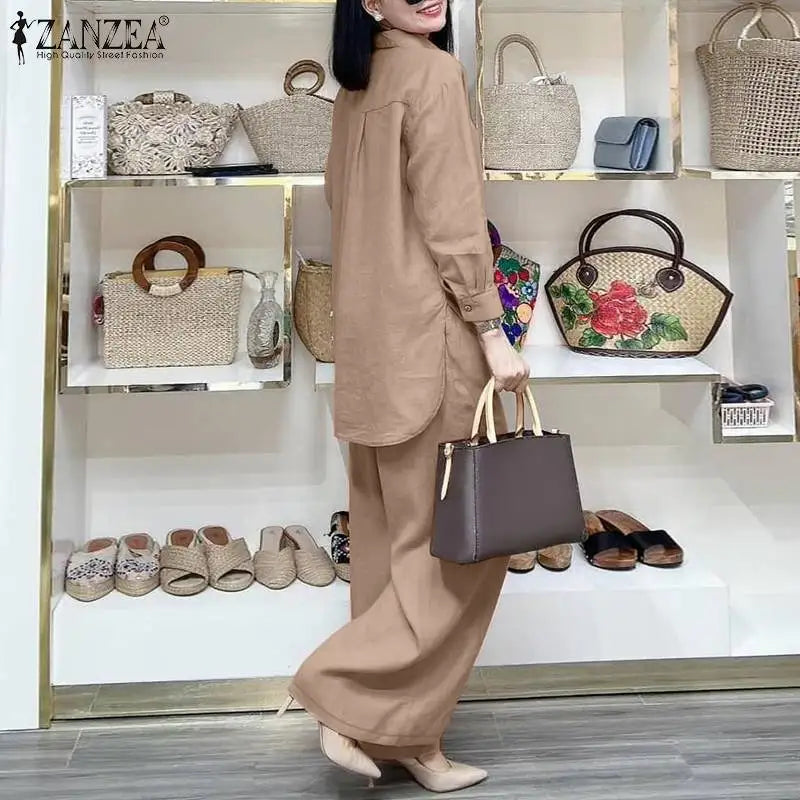 ZANZEA Fashion Women Casual Trousers Suits 2PCS Autumn Long Sleeve Blouse Solid Wide Leg Pants Sets Loose Work Tracksuit Outifit.