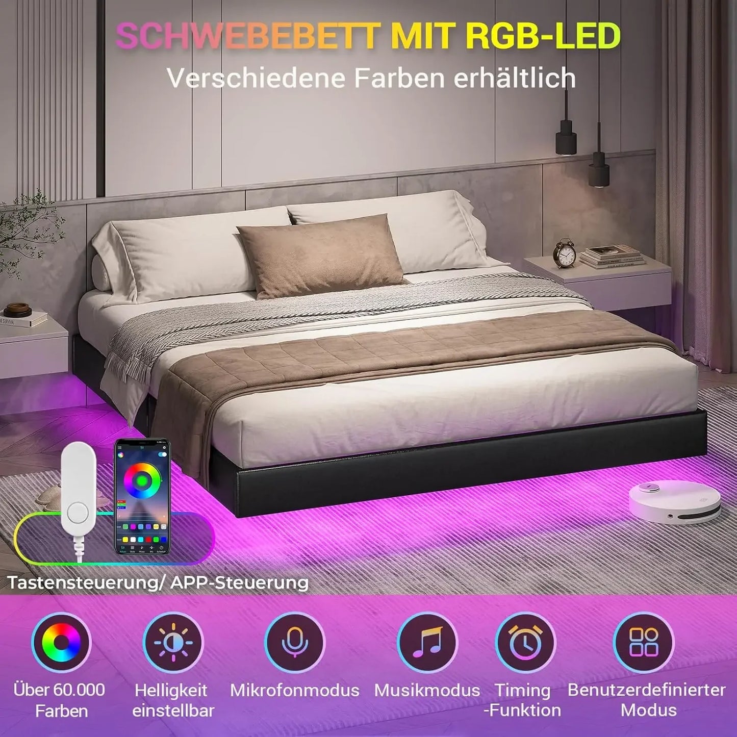 LED-beleuchtetes 180 x 200 cm großes Polsterbett mit Gestell, Gitterbettgestell, schwebender schwarzer Bettrahmen für Schlafzimmer