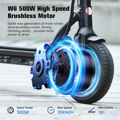IScooter W6 Adult E-scooter 500W Motor 36V 7.8Ah Battery 35km/h Max Speed Support APP 30km Long Range City Electric Scooters.