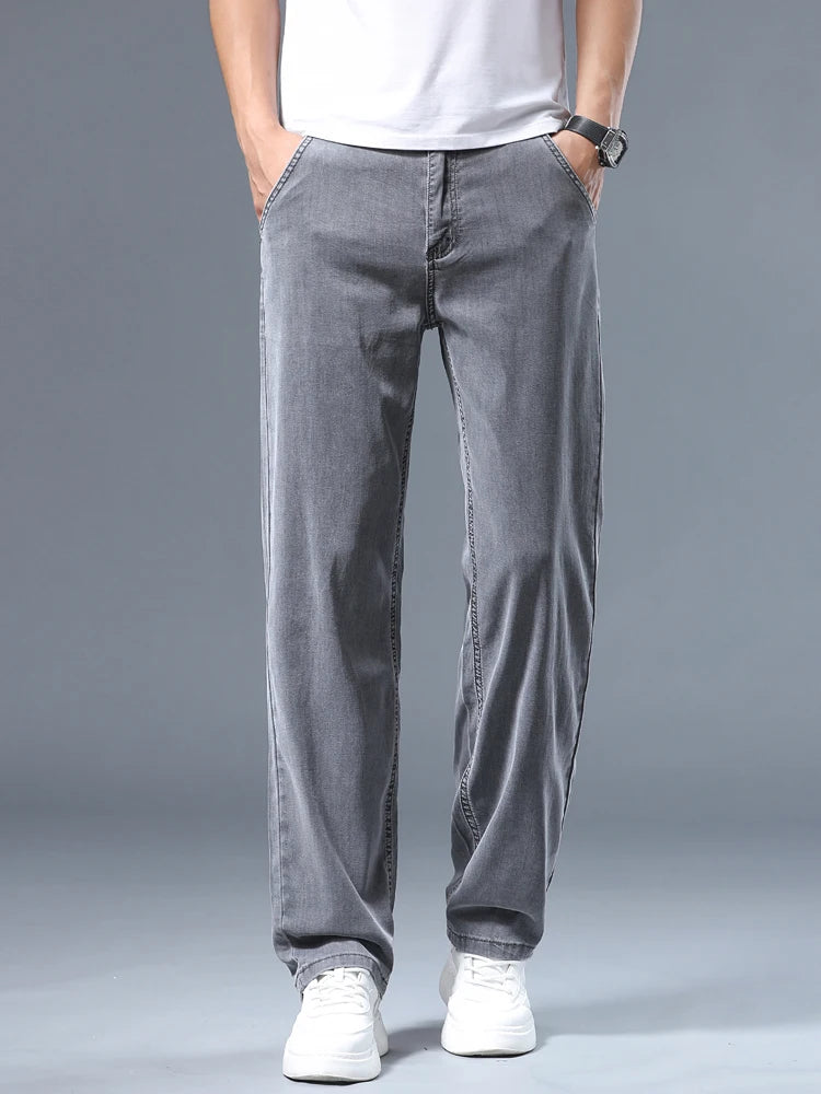 Summer Thin Men's Loose Straight Jeans Lyocell Soft Drape Business Casual Trousers Classic Smoke Gray Brand Ice Silk Pants.