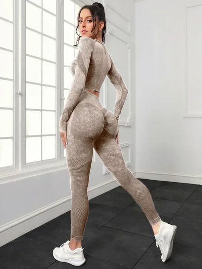 2 Piece Acid Wash Gym Set Women Seamless Long Sleeve Leggings Tracksuit Sports Fitness Suit Scrunch Workout Clothes Yoga Outfits