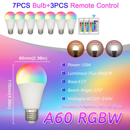 E27 RGB LED Light Bulb 220V 10W with IR Color Changing Control Remote Multicolor + White Lamp Spotlight for Bedroom Party Home.