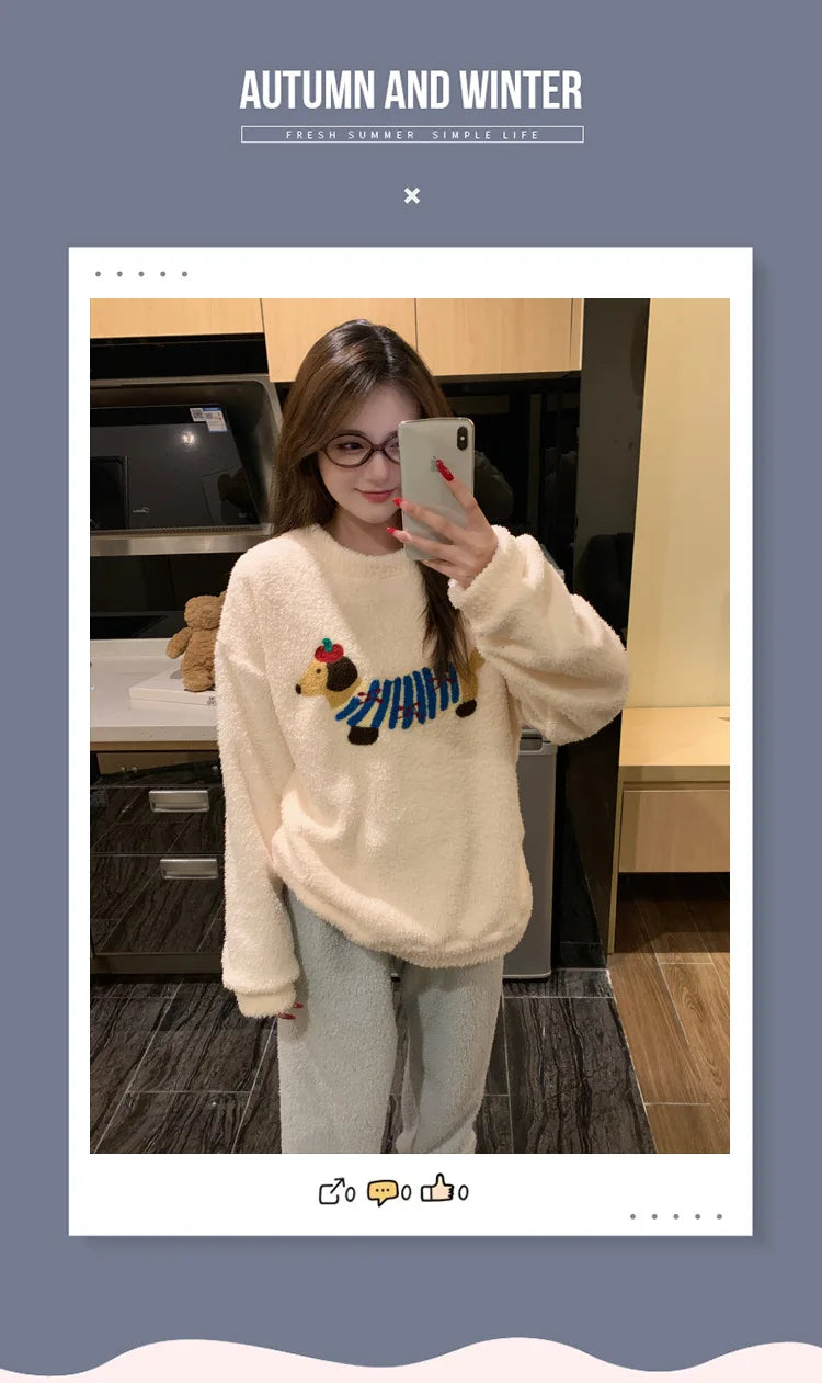 Kawaii Hello Kitty Pajamas Girl Sanrio Long-Sleeved Loungewear Sweet Young Student Girl  Warm Home Clothes Sleepwear Set.