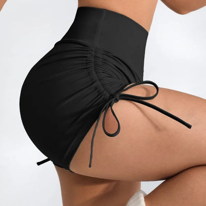 Women's High-Waisted Ruching Yoga Shorts Tight Workout Running Gym Shorts with Tie Detail Summer Fitness Stretch Activewear.