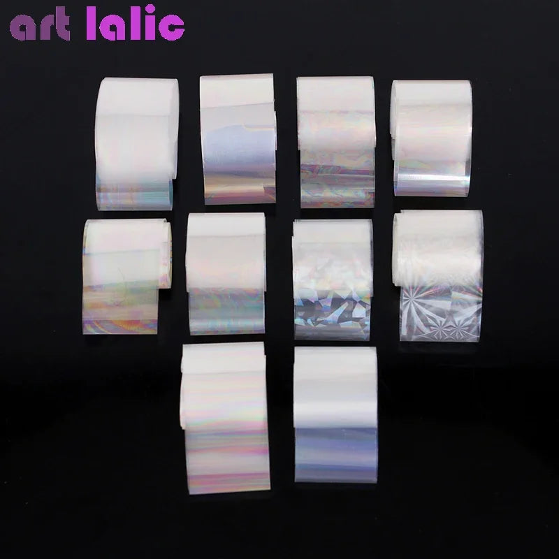 10pcs Holographic Nail Foil Set 2.5x100cm Gradient Transparent AB Color Transfer Stickers for Manicure Nail Art Decals.