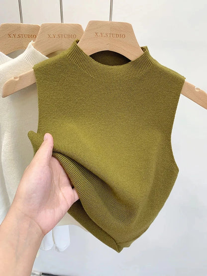 Frühling Herbst Temperament Gestrickte Pullover Weste frauen Hälfte-rollkragen Leibchen Cropped Top Ärmelloses Tank Top