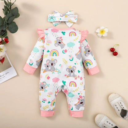 Neugeborenes Baby-Body für Mädchen, süßer kleiner Koala-Body + Stirnband, 2 Stück, passend für 1–12 Monate, Baby-Frühlings- und Herbst-Crawler-Anzug