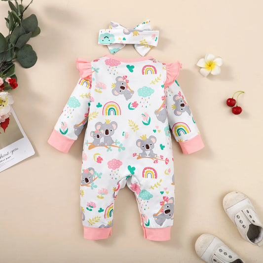 Neugeborenes Baby-Body für Mädchen, süßer kleiner Koala-Body + Stirnband, 2 Stück, passend für 1–12 Monate, Baby-Frühlings- und Herbst-Crawler-Anzug