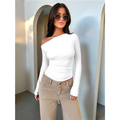 Women's Off Shoulder Tops Dressy Long Sleeve Asymmetrical Slim Fit Going Out Fall Blouse Ruched Shirts.