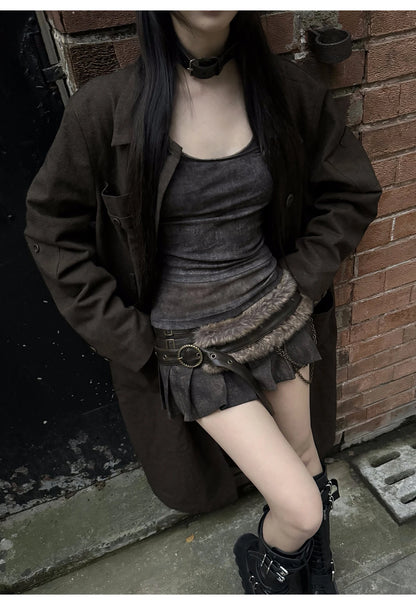 Lautaro Spring Summer Cool Washed Distressed Soft Pu Leather Mini Pleated Skirt Women High Waist Belt Luxury Designer Clothes.