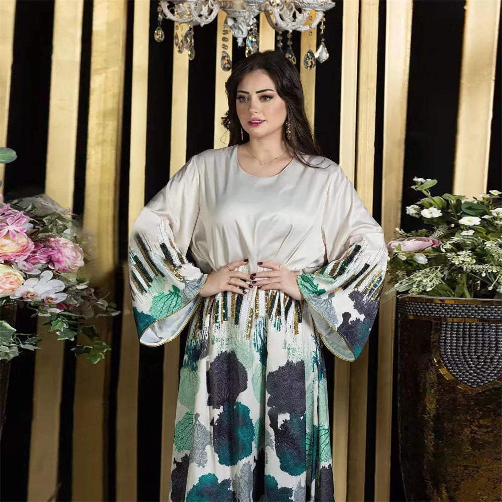 Siskakia Arab Saudi Printing Sequins Long Dresses Galabia Muslim Eid Women Abayas Islam Clothing Turkish African Kebaya 2024 New.
