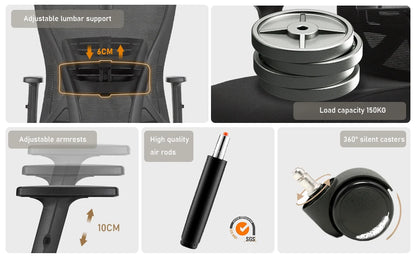 Durrafy Ergonomischer Bürostuhl, drehbarer Arbeitsstuhl mit verstellbarer Lordosenstütze und Armlehnen, für Home-Office-Gaming