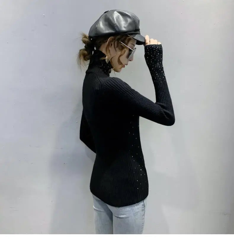 Women Clothing Fashion Elegant Turtleneck Pullover Autumn Winter Solid Slim Long Sleeve Sweater Office Lady Casual Dignified Top.