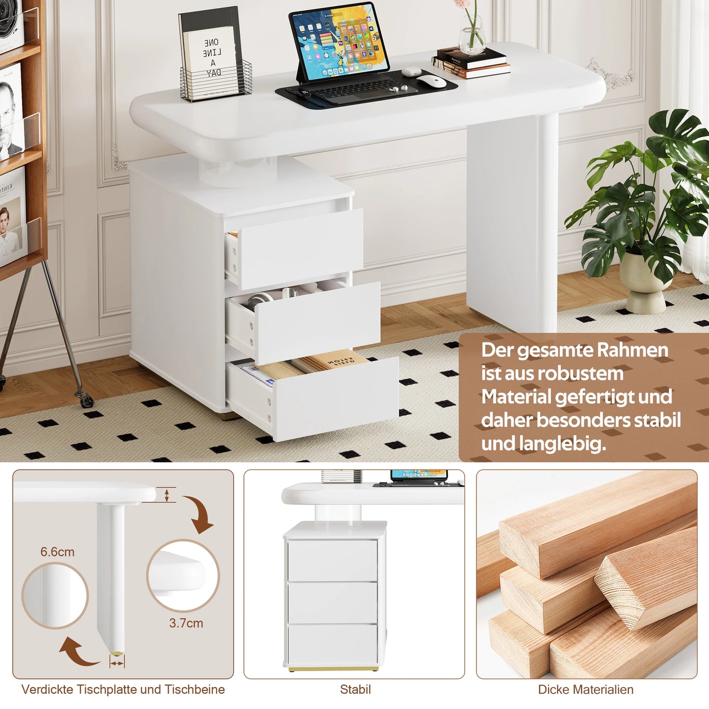 Moderner Schreibtisch 117×50×74 cm – weißes Volllack-Finish, Wolkenform, 3 Schubladen, verdickte Tischplatte und Beine, abgerundete Kurven, stabil