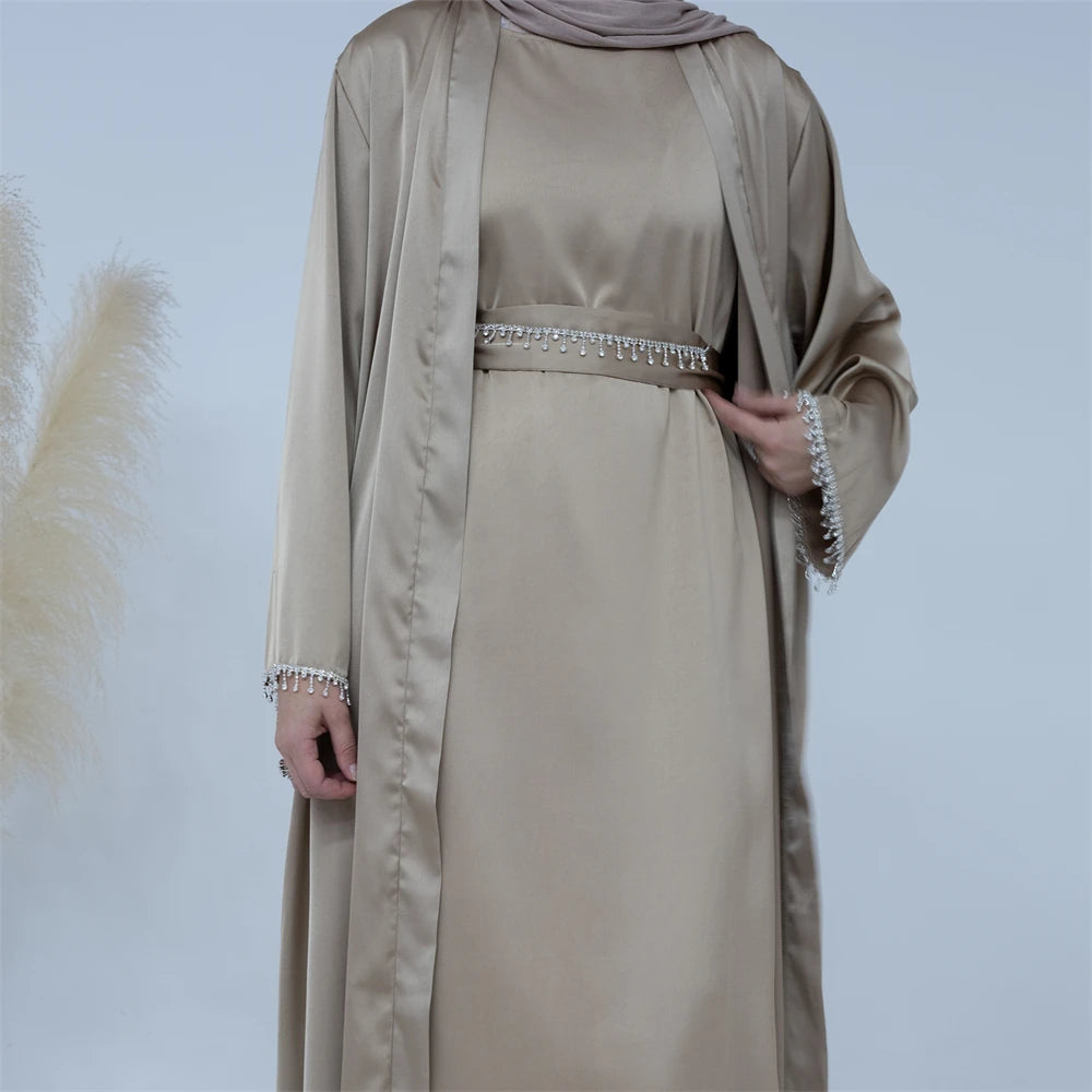 Ramadan Kebaya Chain Satin Kimono 2 Piece Abaya Set Turkey Islam Dress Muslim Sets Abayas For Women Robe Femme Musulmane Kaftan.
