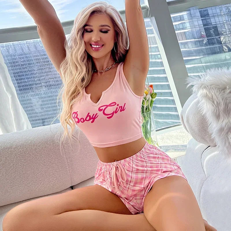 Sommer Sexy Nachtwäsche Pyjamas Set Frauen Sexy Dessous Casual Gedruckt Leibchen mit Plaid Shorts Sets Pyjamas Loungewear.
