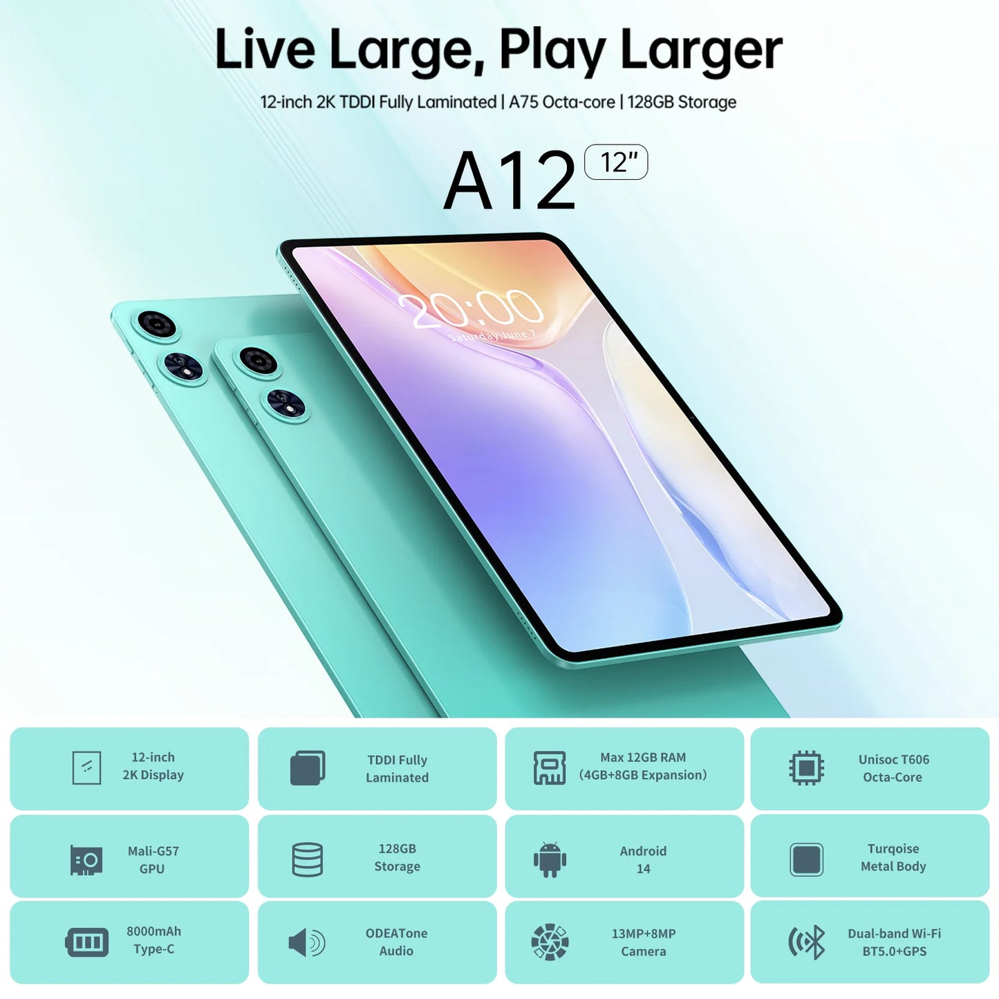 Odea A12 Android 14 Tablet, T606 8-core, 4GB+8GB RAM 128GB ROM, 12 inch 2000x1200 Display, 8000mAh, Widevine L1, 13MP Camera.