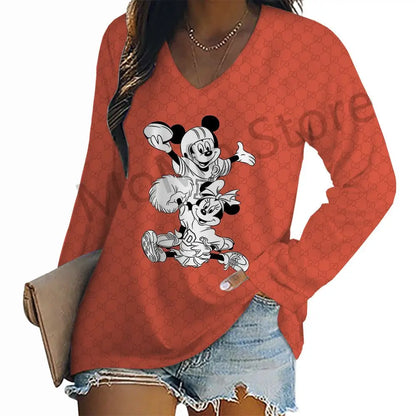Women's Long Sleeve T-shirts Kawaii V-Neck S-3XL Mickey Lovely Disney High Quality 3D Print New Youthful Woman Clothes Minnie.