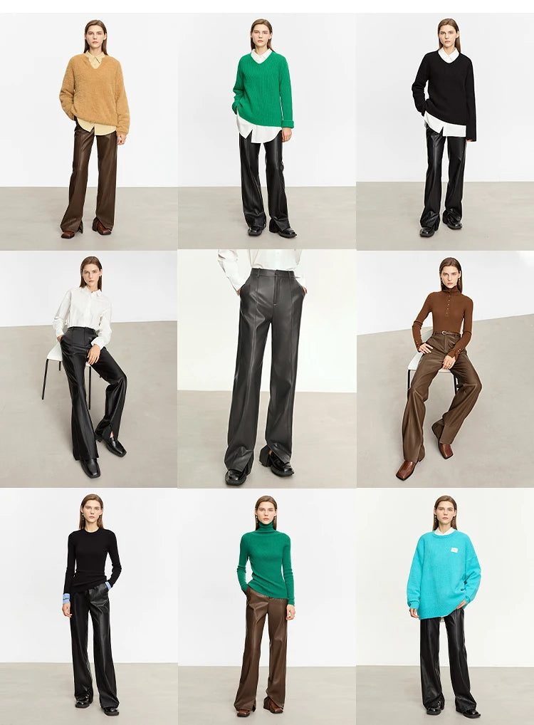 AMII Minimalist Casual Pants for Women 2025 Autumn Clothing PU Leather Loose Straight Pants Slit Office Lady Trousers 12343250.