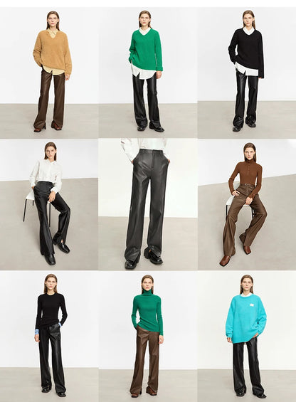 AMII Minimalist Casual Pants for Women 2025 Autumn Clothing PU Leather Loose Straight Pants Slit Office Lady Trousers 12343250.