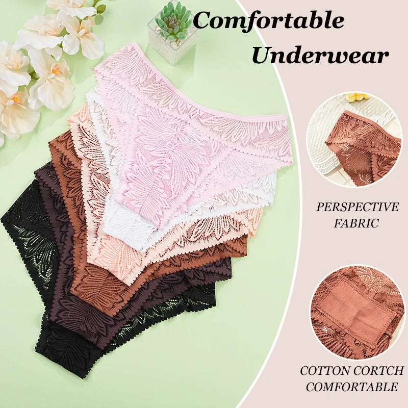 3PCS/Set Women Lace Panties Sexy Low Riase Elastic Brifes Solid Color Perspective Breathable Underwear Ladeis Sexy Lingerie.