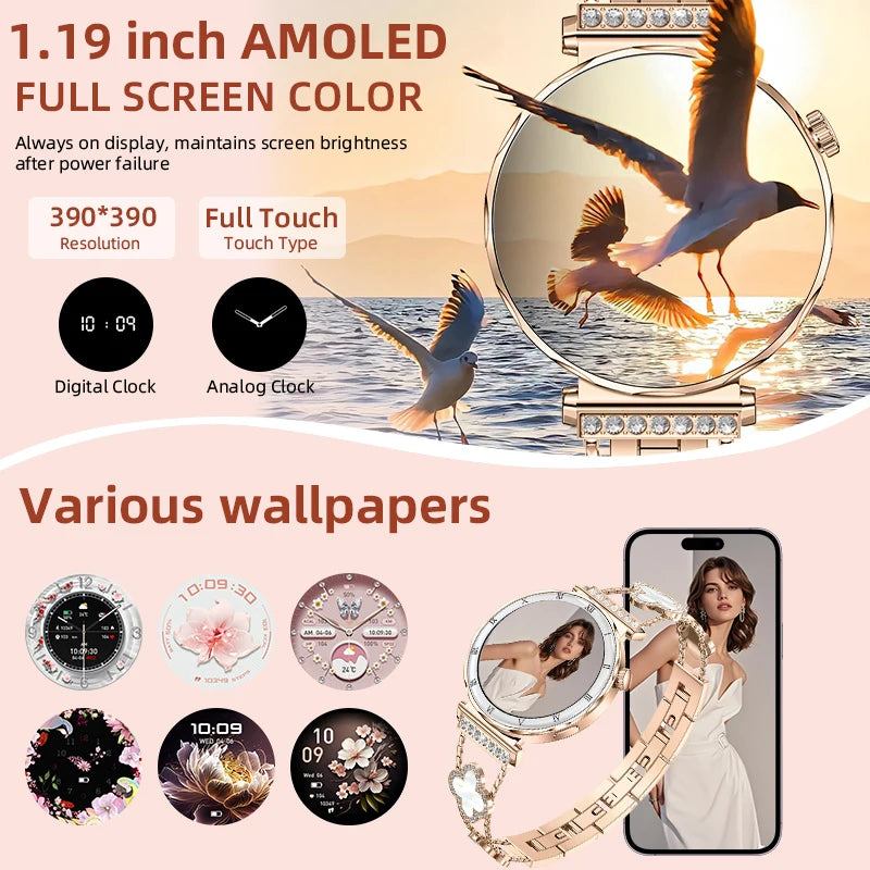 LIGE Luxury 1.19” AMOLED Screen Smart Watch Women Health Monitor Women's Wristwatch Bluetooth Call Waterproof Ladies Smartwatch.