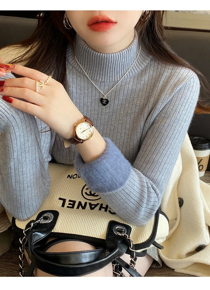 Women's Turtleneck Sweater Winter 2025 Retro with Velvet Lining Thickened Inner Wear Thermal Knitting Bottoming Shirt Pullovers