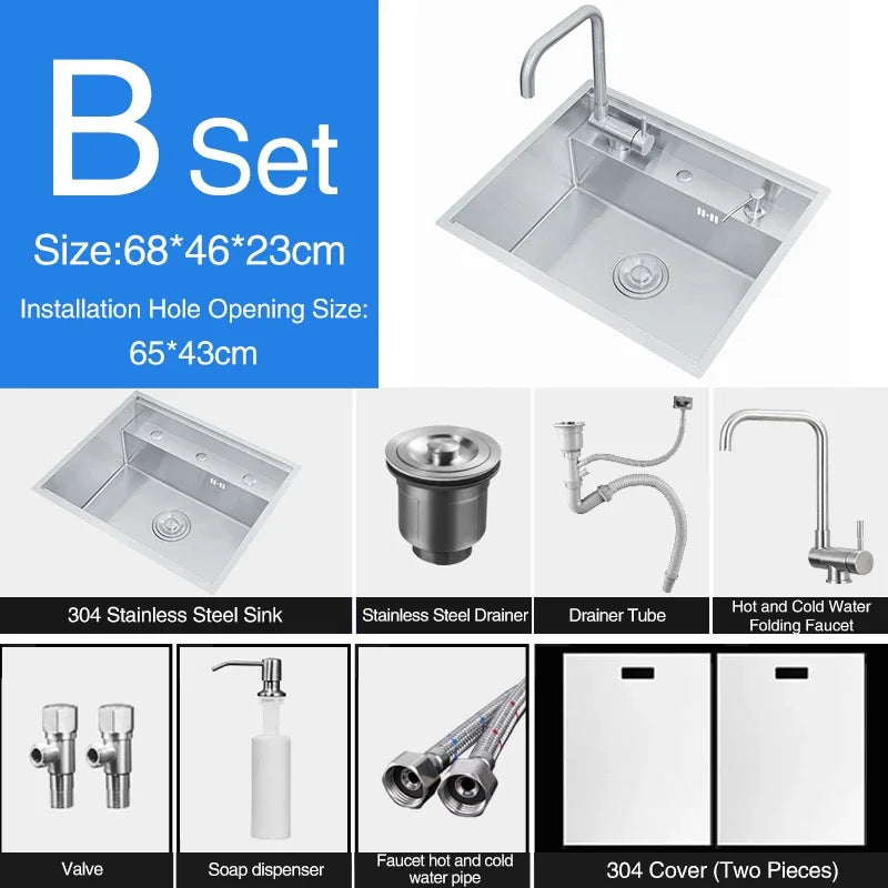 Nanometer Double Cover Hidden Kitchen Sink 304 Stainless Steel 3 Holes Handmade Single Large Size Kitchen Hidden Sinks