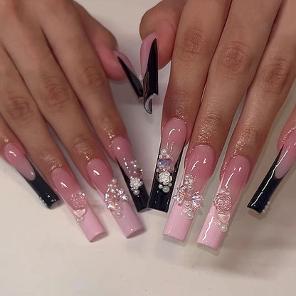 24Pcs Sweet Cool Spice Girl Press on Nails Black French Bow False Nails Y2k Star Glitter Diamond Nail Long Square Gel Fake Nails