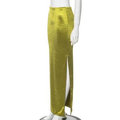 2025 Autumn Stain Long Solid Color Skirt Women Elegant High Waist Side Split Maxi Skirts Party Sexy Clothes for Female
