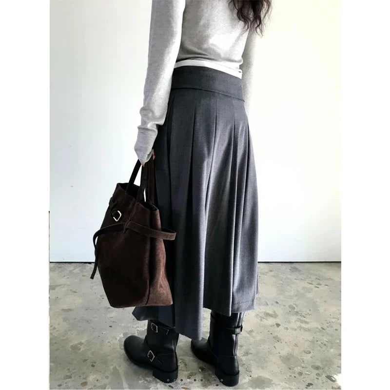 Elegant Pleated Midi Skirt Women Fashion Patchwork Asymmetrical Skirts Summer Office Ladies Korean Casual Design A Line Faldas.