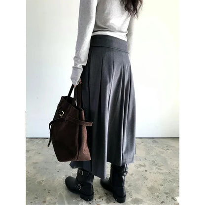 Elegant Pleated Midi Skirt Women Fashion Patchwork Asymmetrical Skirts Summer Office Ladies Korean Casual Design A Line Faldas.