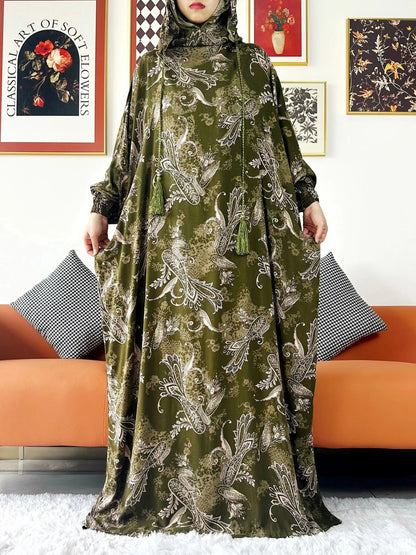 Promotion New Two Hat Women Abaya With Hooded Floral Casual Long Sleeve Abaya Tassel Muslim Saudi Prayer Kaftan Oriental Robes.