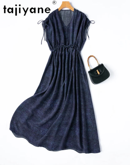 TAJIYANE 100% Maulbeerseide Kleid Frau Sommer 2025 Elegante Lange Kleider Denim Gedruckt Party Kleider Damen Kleidung Vestidos.