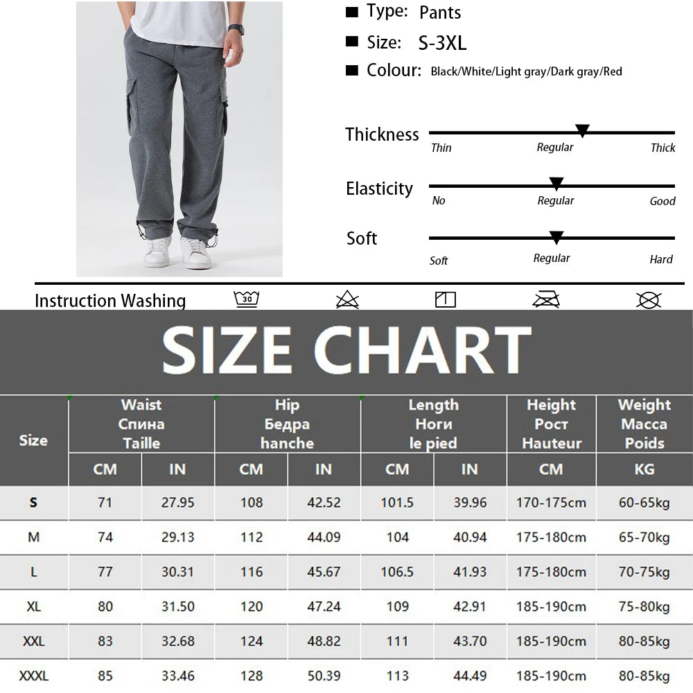 Autumn Men's Cargo Pants Loose Straight Trousers Multi-Pockets Drawstring Casual Sports Pants Solid WorkWear Joggers Long Pants.
