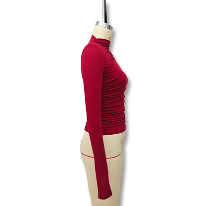 New fashion women's casual slim fit pleated high neck long sleeved solid color top t-shirt.