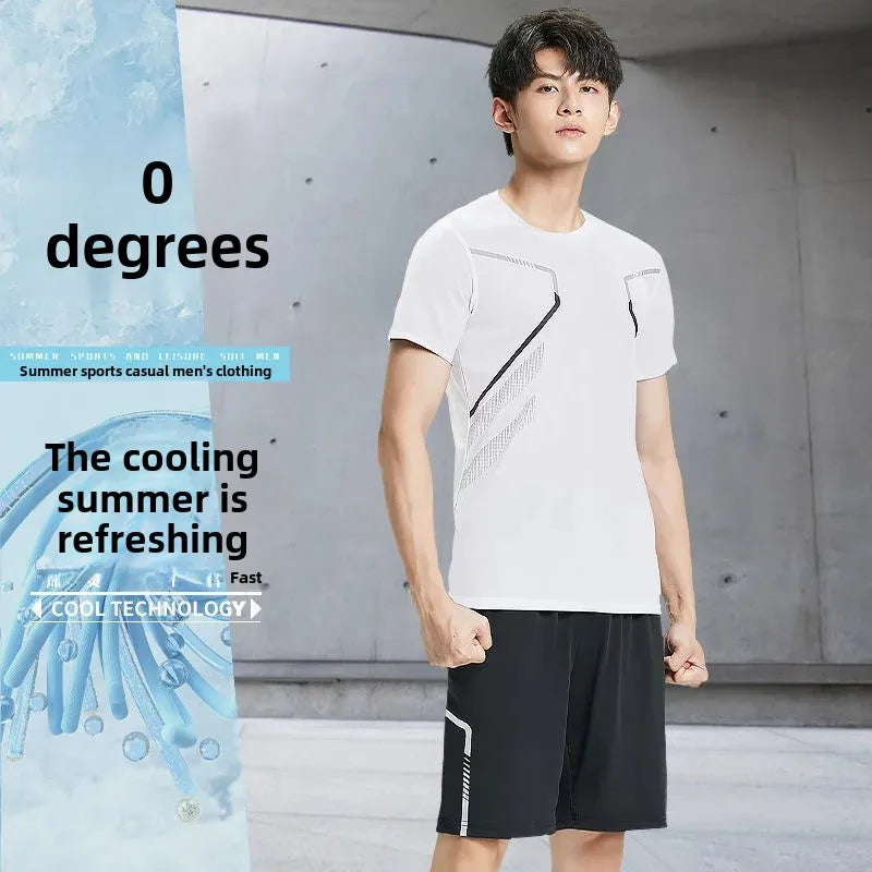 Men's Fitness Ice Silk Sports Suit Short Sleeve Training Room Basketball Morning Run Summer Outfit Shorts And T-shirt Set