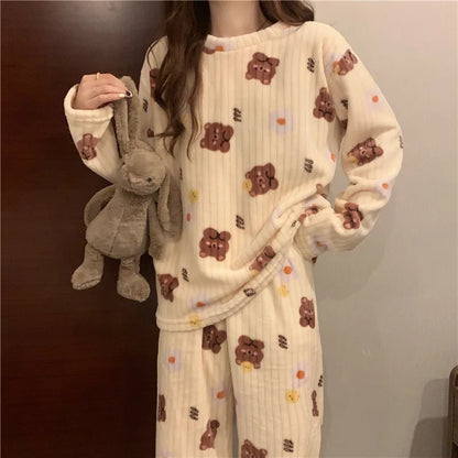 Winter-Damen-Pyjama-Homewear-Anzug, neues warmes Set aus Korallen-Fleece für Herbst und Winter, bequemer warmer Pyjama-Homewear-Anzug