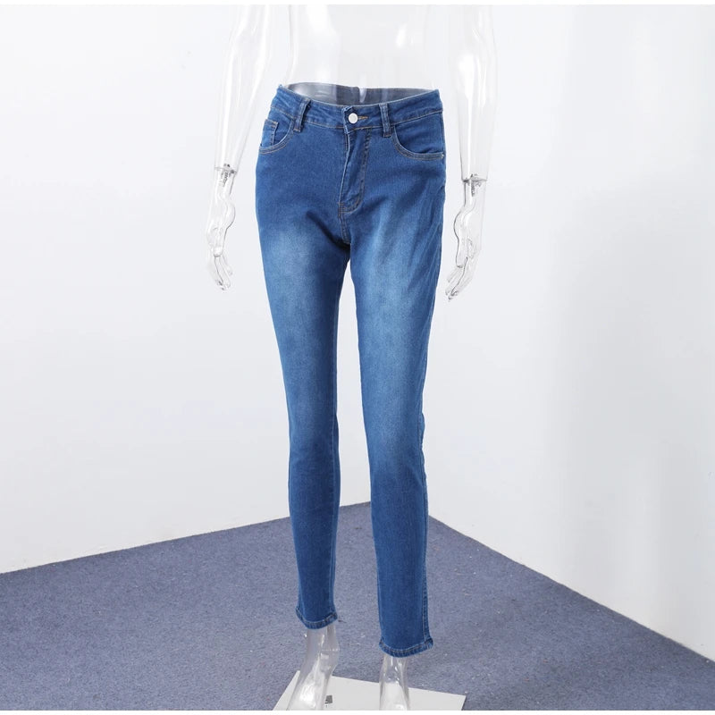 Street Slim Women's Blue Pencil Denim Pants Women Zipper Pockets Lady Jeans 2025 Autumn Lady Casual Street Trouser.