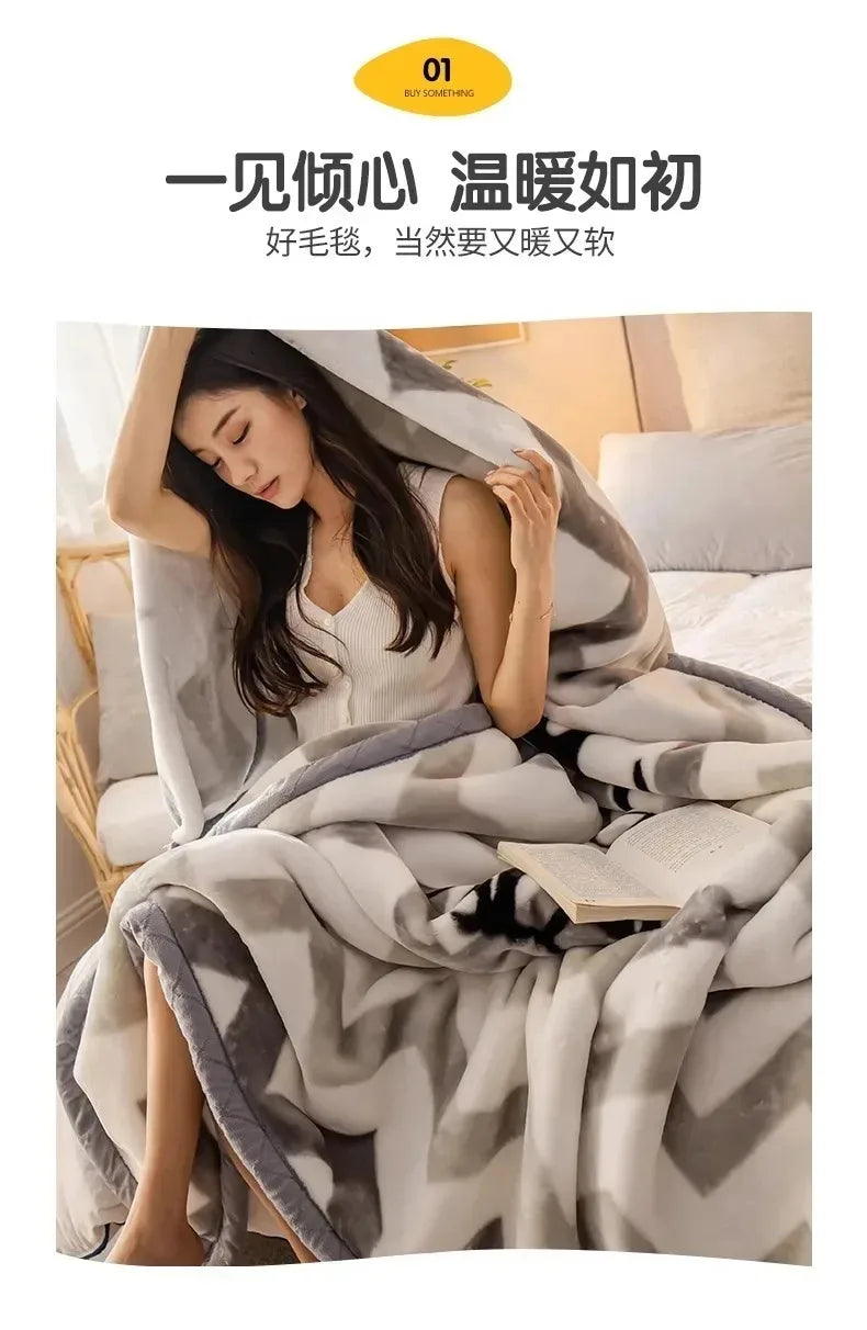 Modern Geometric Cartoon Printed Bedroom Blanket Coral Fleece Dormitory Quilt Thicking Double Layer Multi Purpose Bedding Sheets.