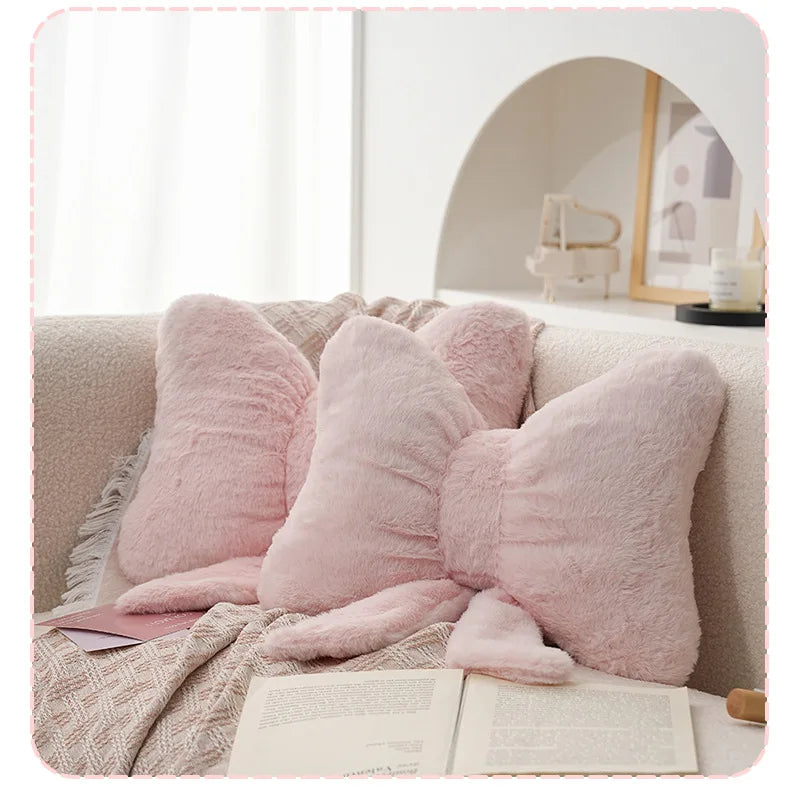 Pink bow ribbon couch pillow imitation rabbit fur comfortable car seat cushion ins style simple all-match back cushion.