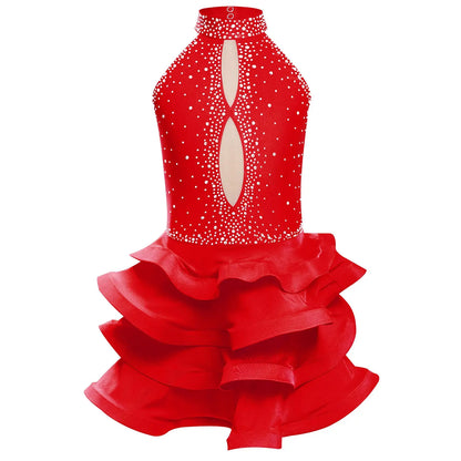 Eiskunstlauf-Kostüm für Teenager-Mädchen, lateinamerikanischer Tanz, Cha-Cha, Tango, Performance-Tanzbekleidung, ärmelloses, gestuftes Kleid mit Strasssteinen